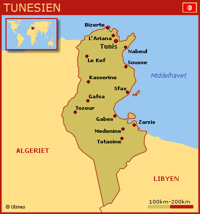 Kort over Tunesien med større byer